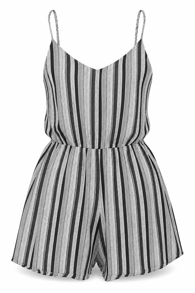 Front view of H&M women’s black geometric viscose romper one-piece, size UK 6, 10-inch leg pullover