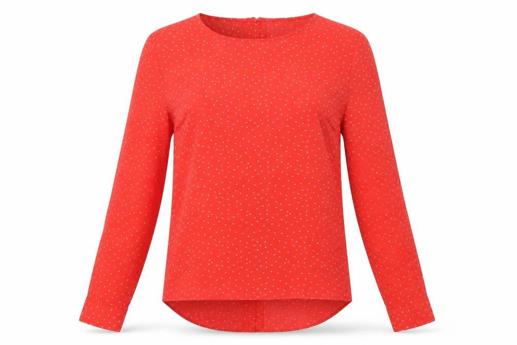 Front view of New Look women’s red polka dot polyester basic blouse, size UK 6, round neck