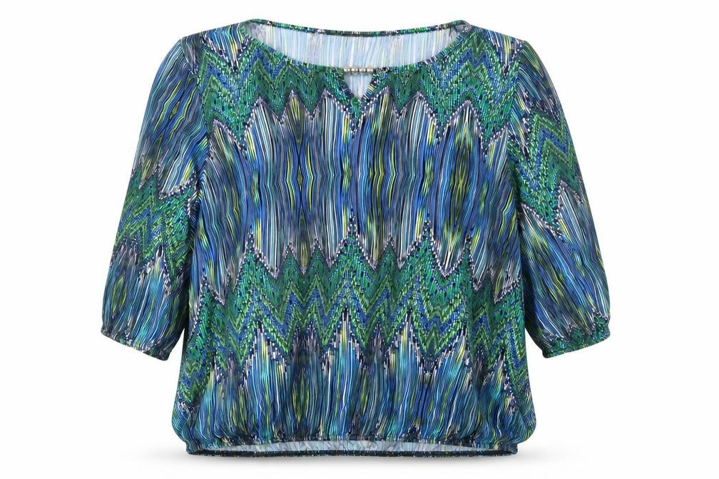 Front view of Alexara women’s green geometric polyester basic blouse, size UK 20, boat neck