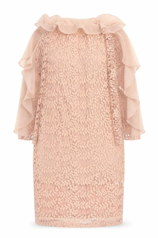 Front view of Sheilay women’s pink floral polyester pencil dress, size L, off the shoulder zip - lace detail