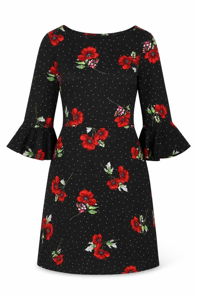 Front view of Paraphrase women’s black floral polyester a-line, size S, boat neck pullover