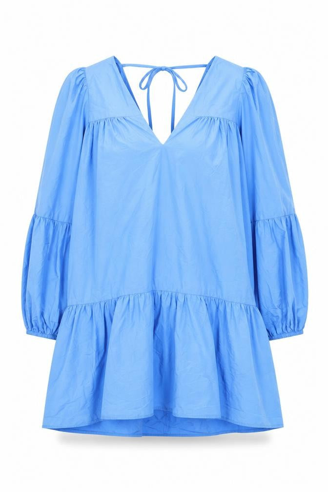 Front view of River Island women’s blue polyester a-line, size UK 8, v-neck tie