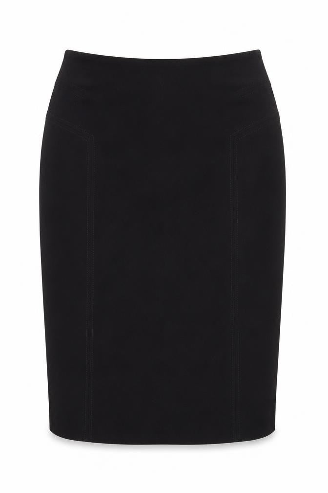 Front view of EWM women’s black polyester straight & pencil skirt, size UK 12, zip