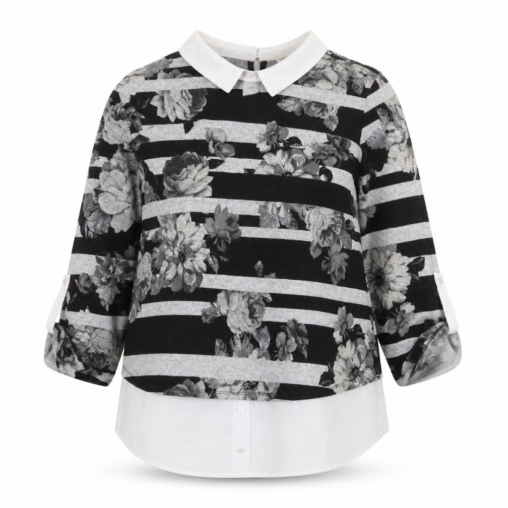 Front view of Monteau women’s grey striped polyester basic blouse, size M, collared - flowers