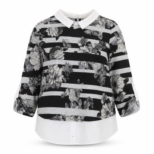 Front view of Monteau women’s grey striped polyester basic blouse, size M, collared - flowers