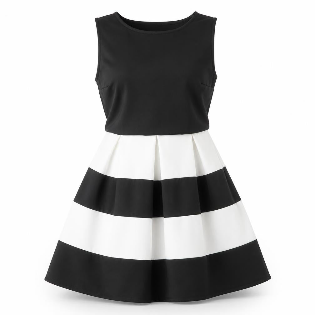 Front view of Cameo Rose women’s black striped polyester fit & flare, size UK 12, crew neck pullover
