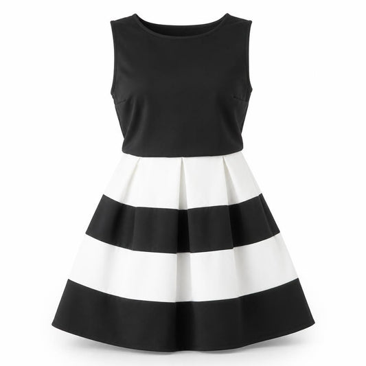 Front view of Cameo Rose women’s black striped polyester fit & flare, size UK 12, crew neck pullover