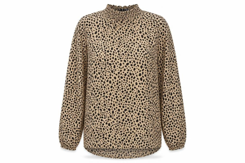 Front view of New Look women’s brown animal print polyester basic blouse, size UK 12, high neck - leopard print