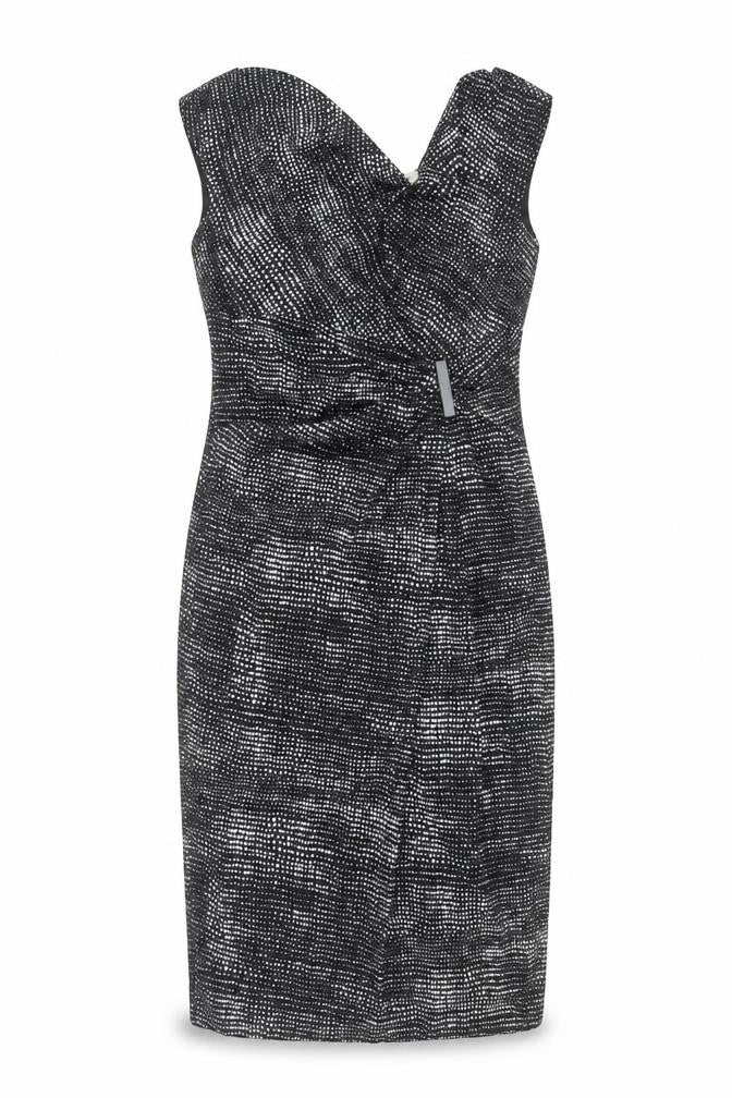 Front view of Gina Bacconi women’s black geometric polyester shift, size UK 12, cowl neck zip