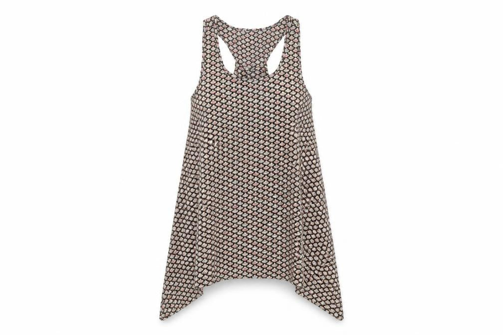 Front view of Preworn women’s multicoloured geometric polyester basic tank, size UK 8, scoop neck