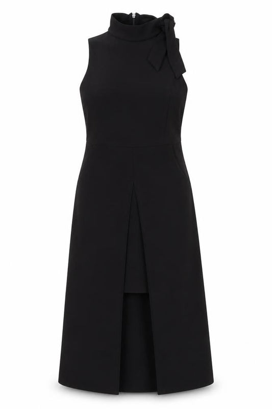 Front view of River Island women’s black polyester a-line, size UK 10, halter zip