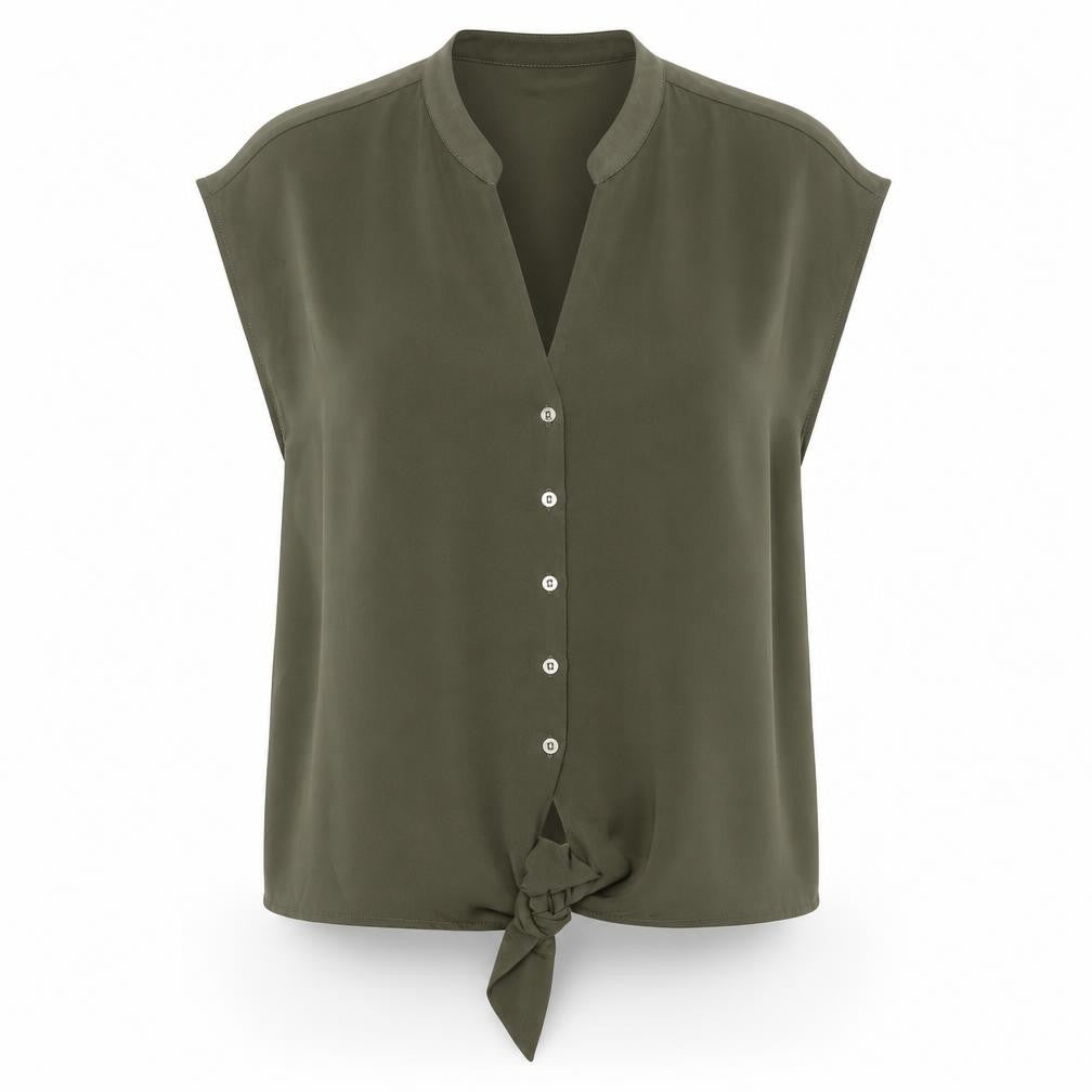 Front view of Oasis women’s green polyester basic button-up, size UK 16, v-neck - tie at front