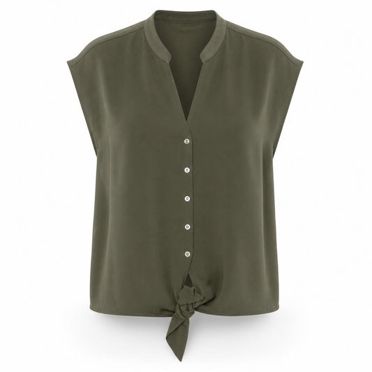 Front view of Oasis women’s green polyester basic button-up, size UK 16, v-neck - tie at front