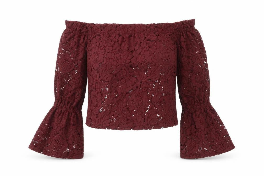 Front view of Missguided women’s purple polyester basic t-shirt, size UK 8, off the shoulder