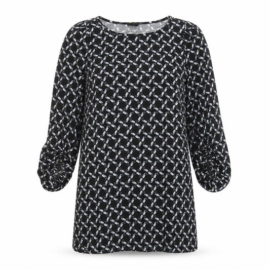 Front view of Laundry women’s black geometric polyester a-line, size M, boat neck pullover