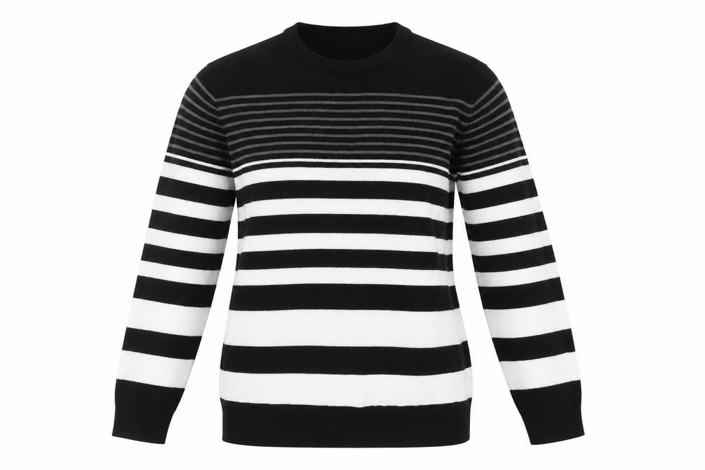 Front view of Primark women’s black round neck striped acrylic jumper, size S