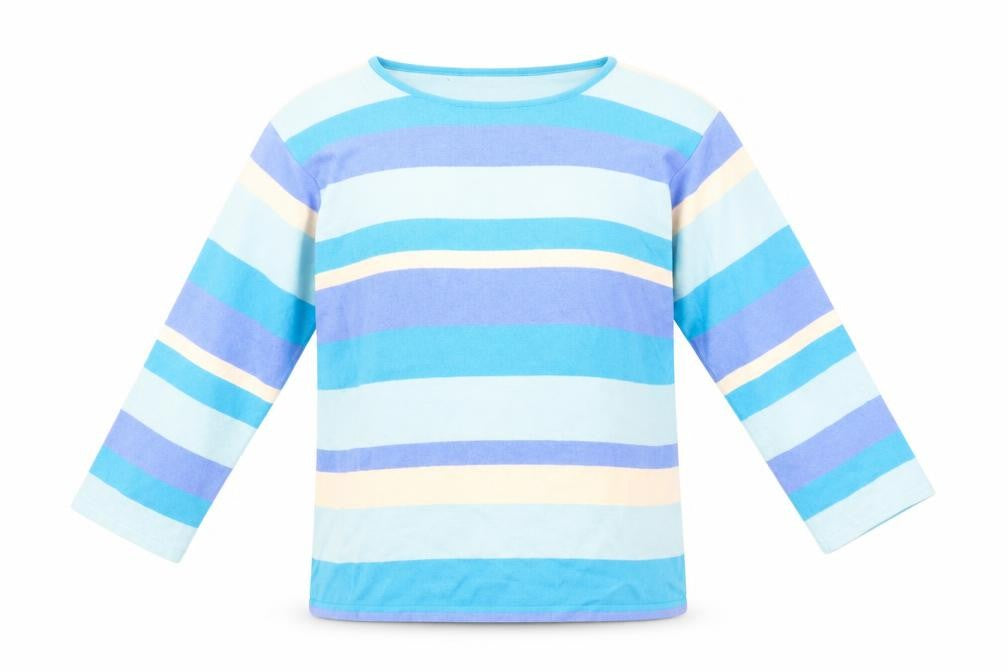 Front view of Preworn women’s blue striped polyester basic t-shirt, size M, scoop neck