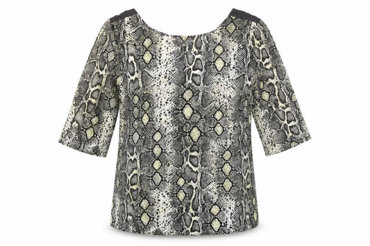 Front view of Next women’s green animal print viscose basic t-shirt, size UK 12, scoop neck - snake print