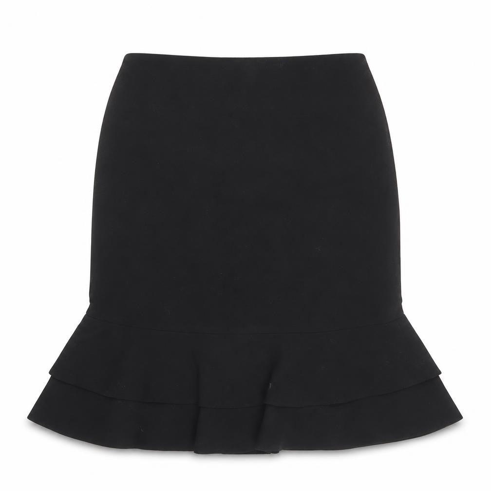 Front view of Precis women’s black polyester flare skirt, size UK 10, zip