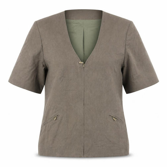 Front view of Country Casuals women’s green jacket coat, size UK 12, zip - short sleeves