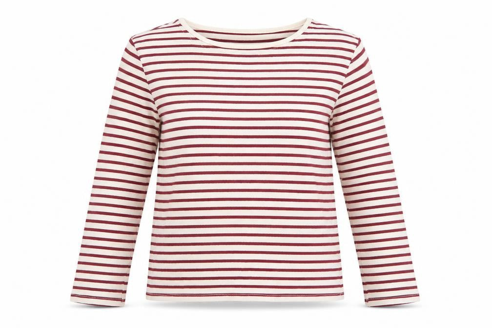 Front view of ASOS women’s red striped cotton basic t-shirt, size UK 8, round neck