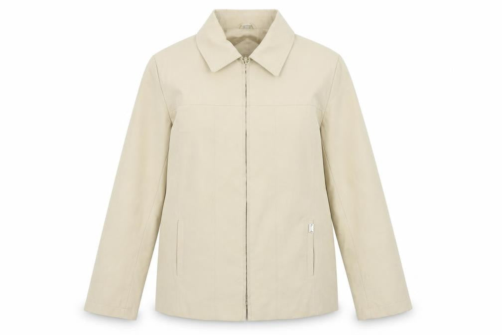 Front view of JBC Collection women’s beige biker jacket, size UK 10, zip
