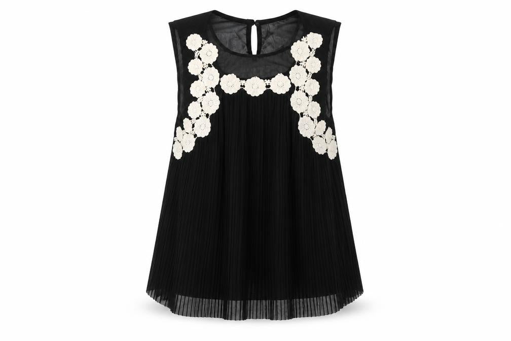 Front view of E-Lady women’s black polyester basic blouse, size L, round neck - flower