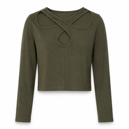 Front view of Join Life women’s green cotton cropped t-shirt, size S, v-neck