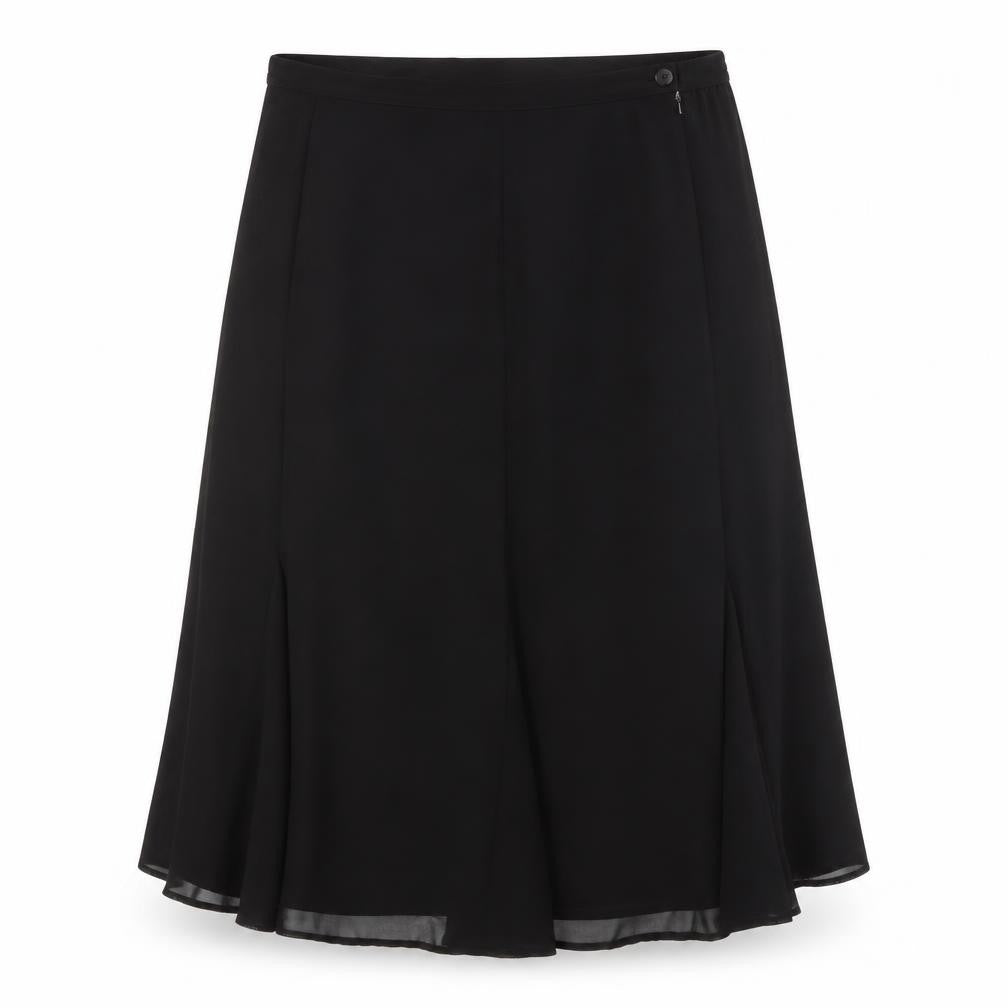 Front view of ELVI women’s black polyester flare skirt, size UK 38, in zip