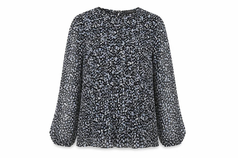 Front view of Primark women’s multicoloured geometric polyester basic blouse, size UK 10, round neck