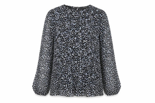 Front view of Primark women’s multicoloured geometric polyester basic blouse, size UK 10, round neck
