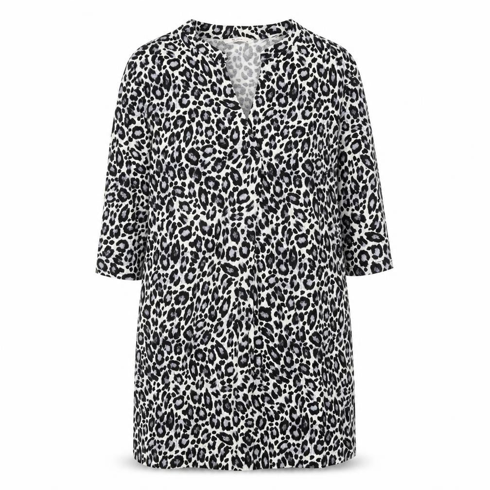 Front view of Tu women’s white animal print viscose shift, size UK 10, v-neck pullover - leopard print