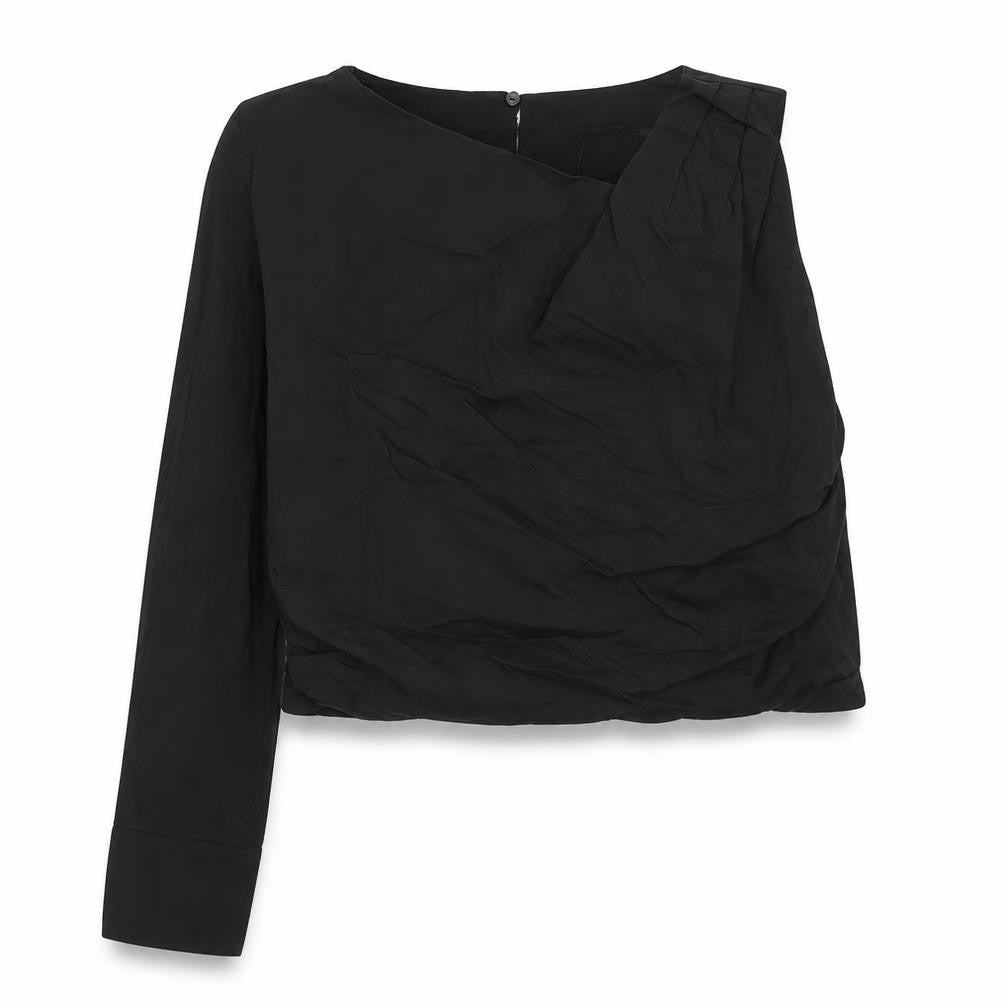 Front view of Zara women’s black cotton cropped blouse, size S, one shoulder