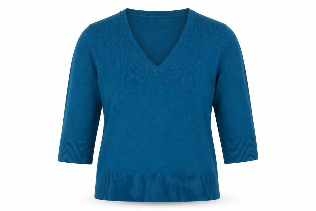 Front view of M&Co women’s blue v-neck acrylic jumper, size XL