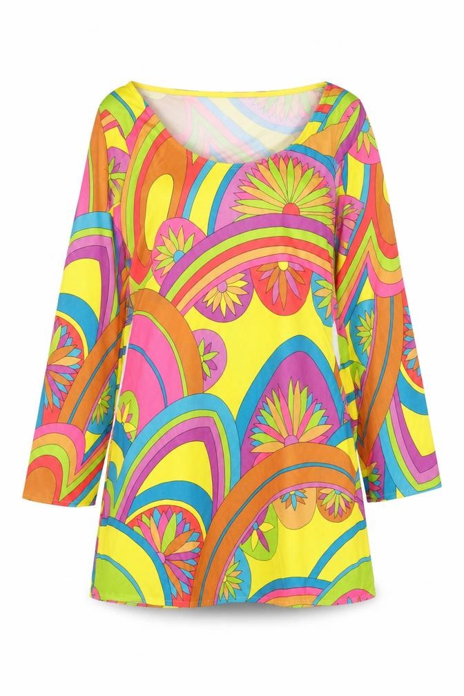Front view of Fever women’s multicoloured geometric polyester a-line, size M, round neck pullover