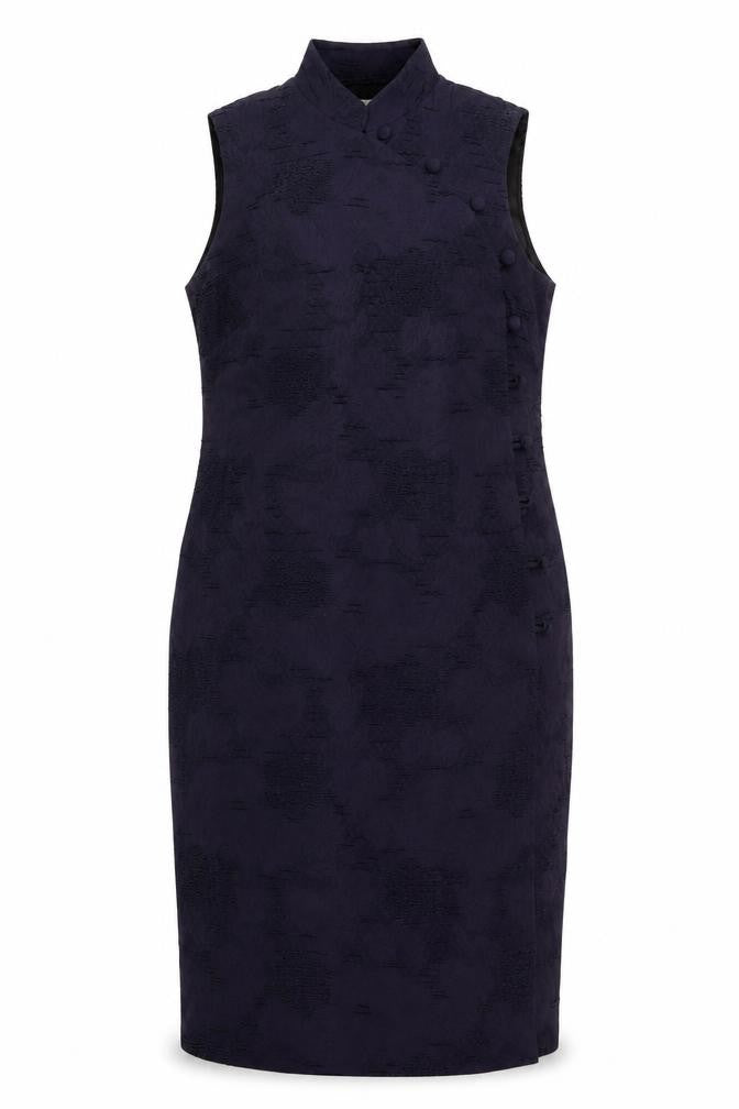 Front view of Kaliko women’s purple floral polyester a-line, size UK 14, mock neck button