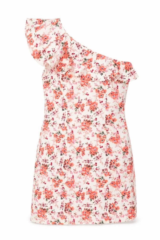 Front view of Warehouse women’s multicoloured floral cotton mini, size UK 12, one shoulder zip