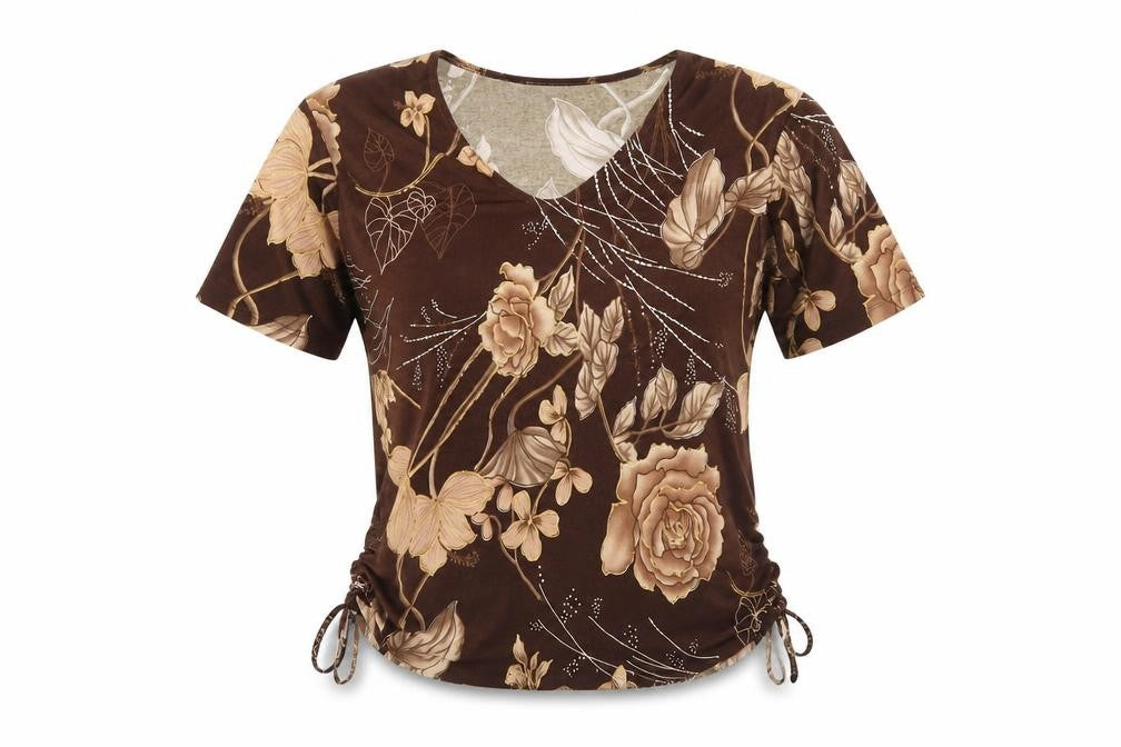 Front view of Sonic women’s brown floral polyester basic t-shirt, size S, v-neck