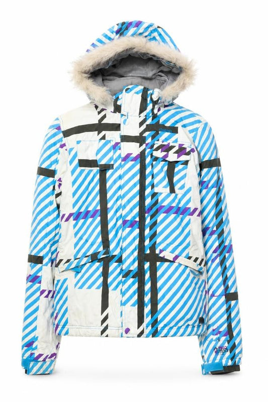 Front view of Protest women’s multicoloured geometric rain coat coat, size S, zip