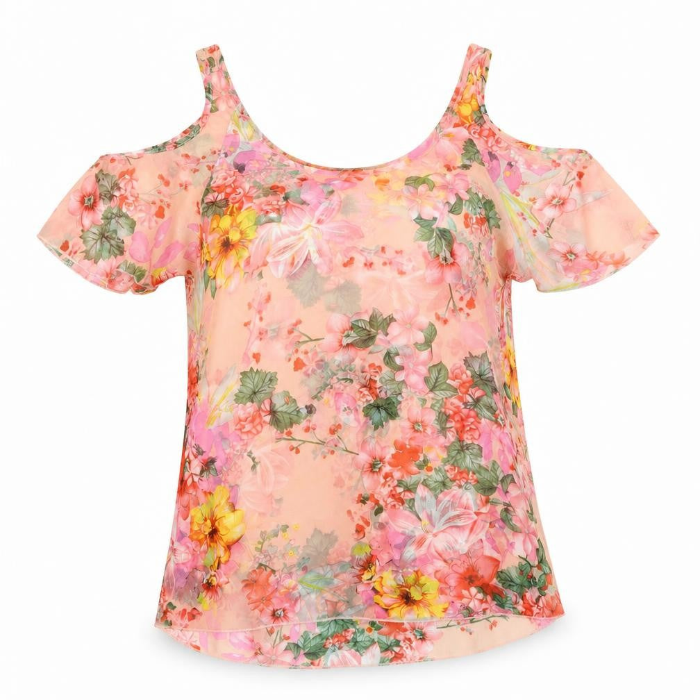 Front view of Parisian Collection women’s multicoloured floral polyester basic blouse, size UK 8, scoop neck - cold shoulder