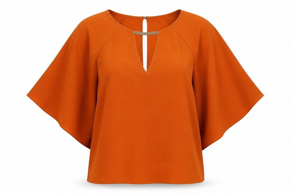 Front view of River Island women’s orange polyester basic blouse, size UK 8, round neck