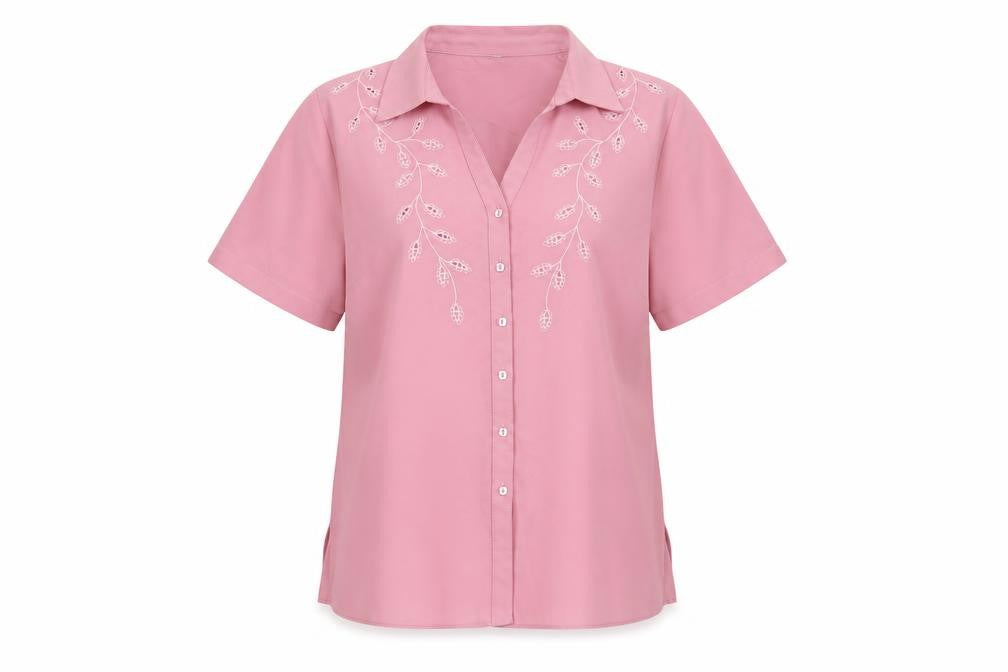 Front view of Berkertex women’s pink polyester basic button-up, size UK 14, collared