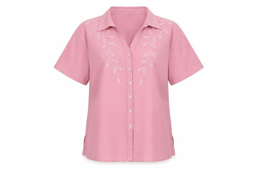 Front view of Berkertex women’s pink polyester basic button-up, size UK 14, collared