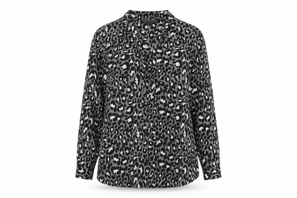 Front view of Blooming Marvellous women’s grey animal print polyester basic blouse, size UK 10, v-neck - leopard pattern