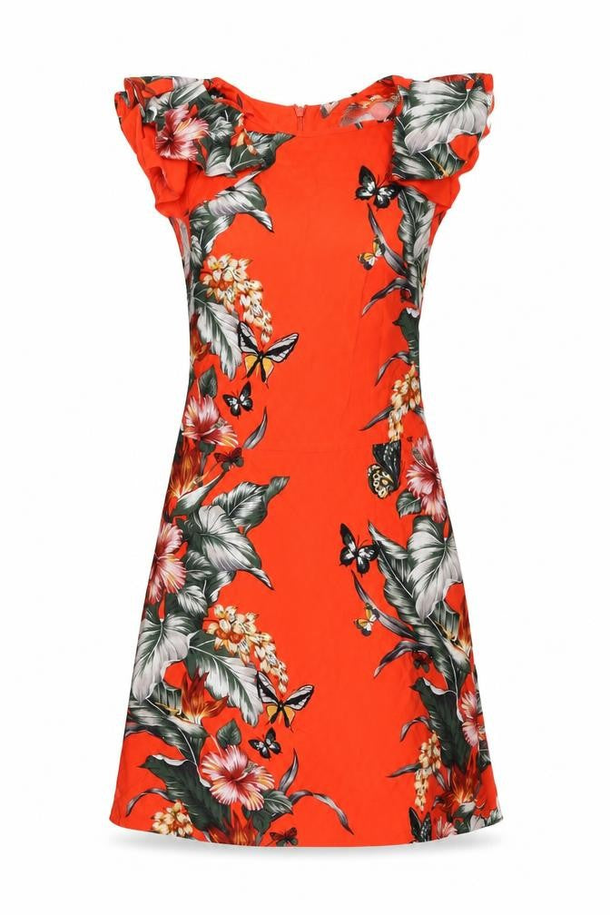 Oasis Womens Red Floral Viscose A-Line Size 8 Round Neck Zip