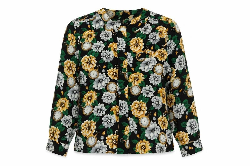 Front view of Collection women’s multicoloured floral polyester basic button-up, size UK 10, v-neck