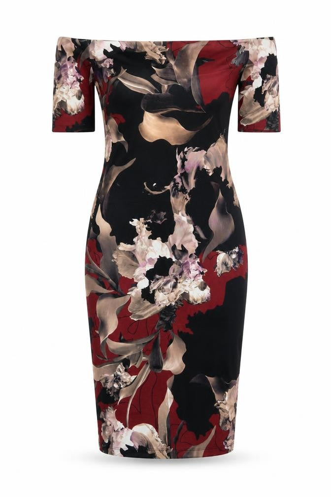 Front view of Next women’s multicoloured floral polyester bodycon, size UK 10, off the shoulder pullover