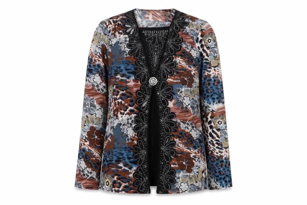 Front view of Yuma women’s multicoloured geometric viscose basic blouse, size L, round neck