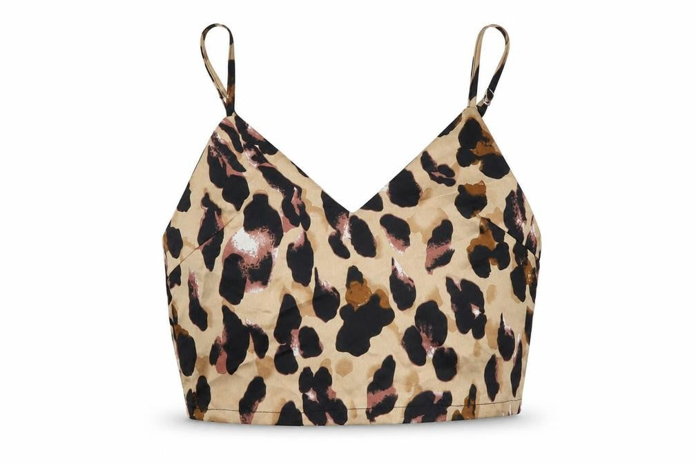 Front view of Zaful women’s beige animal print polyester cropped tank, size S, v-neck - leopard pattern