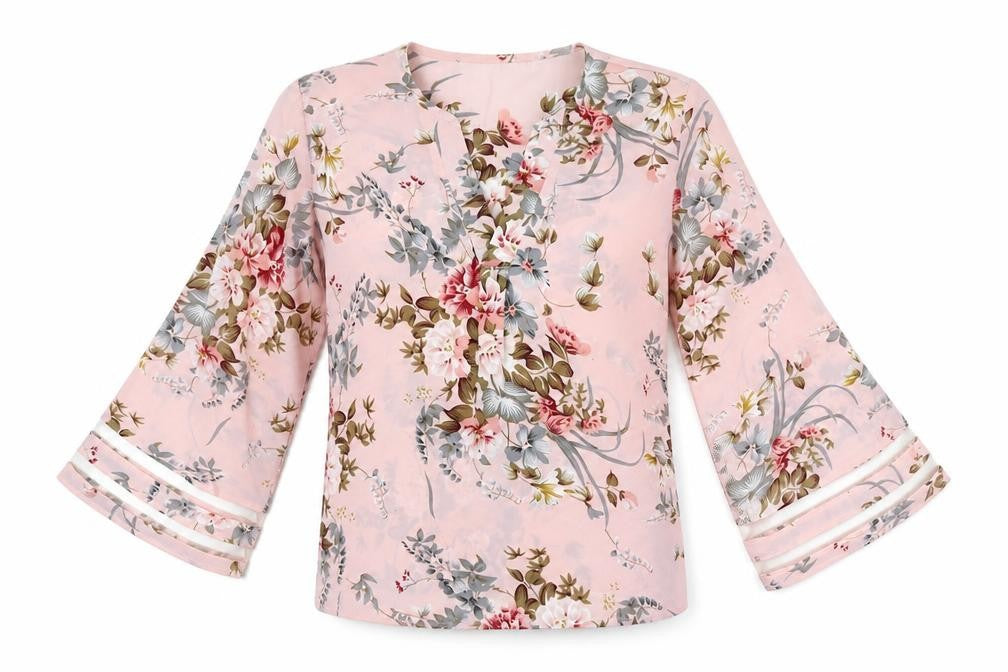 Front view of SHEIN women’s pink floral polyester basic blouse, size S, v-neck - flared sleeves